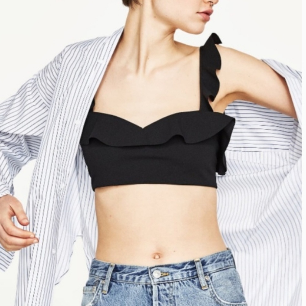 Zara NEW Black Ruffle Crop Top